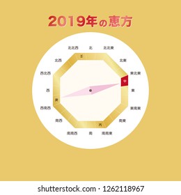Demon, beans, otafuku and a compass magnet pointing to the lucky direction of 2019. Japanese character is "Lucky Orientation of 2019".