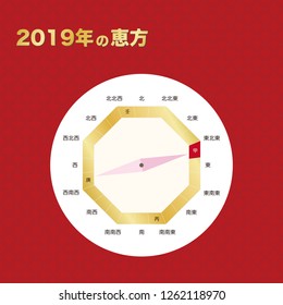 Demon, beans, otafuku and a compass magnet pointing to the lucky direction of 2019. Japanese character is "Lucky Orientation of 2019".