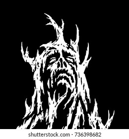 A demon with branches growing from it looks up. Vector illustration. Genre of horror. Scary character head for halloween.