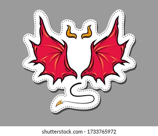 Demon cartoon comic style attribute elements. Vector art of wings, horns and tail. Concept illustration of Evil. Label, sticker, tag design. Isolated on gray background