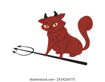 Demon cat with horns and pitchfork flat color vector illustration. Devil pet scaring on Halloween character icon on white background