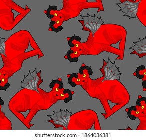 Demon cat pattern seamless. Red cat with devil horns background. pet animal satan texture