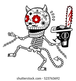 Demon with a chainsaw. Calaveras. Vector flat and linear Illustration of skeleton. Web banners, advertisements, brochures, business templates. Isolated on a white background.