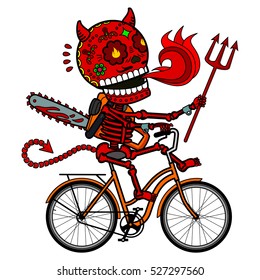 Demon with a chainsaw and a trident riding a bicycle. Vector flat and linear Illustration of skeleton. Web banners, advertisements, brochures, business templates. Isolated on a white background.