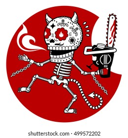 Demon with a chainsaw.  Vector flat and linear Illustration of skeleton. Web banners, advertisements, brochures, business templates. Isolated on a white background.