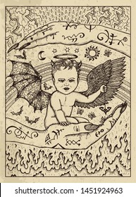 Demon child. Mystic concept for Lenormand oracle tarot card. Vector engraved illustration. Fantasy line art drawing and tattoo sketch. Gothic, occult and esoteric background