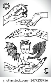 Demon child sitting in hands. Vector line art engraved illustration in gothic style. No foreign language, all symbols are fantasy. Occult, esoteric, Halloween and mystic concept. 