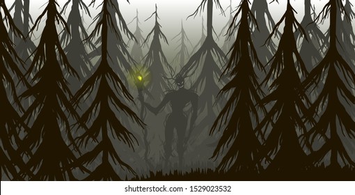 demon in the dark forest vector illustration, monster in the woods. Halloween concept