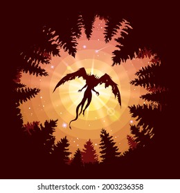 Demon or devil flies in the sky. Landscape with a forest and a monster. Illustration for cover, advertisement, banner or puzzles. Theme or wallpaper for your phone. Stock vector illustration. EPS 10.
