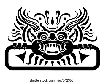 Demon in eastern mythology with a ring in his teeth. Black white stencil illustration for a tattoo