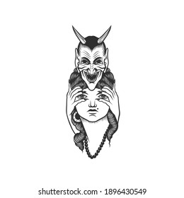 The demon and female. Can be used as a sketch of a tattoo.