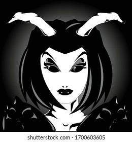 demon girl black and white illustration