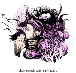 demon girl praying with closed eyes