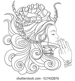 demon girl praying with closed eyes