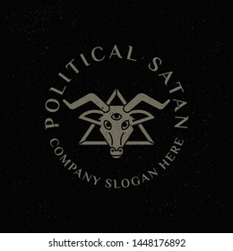 Demon goat Baphomet with sacred occult eye. Satanic goat head. Binary satanic symbol. Vector illustration isolated. Tattoo design, retro, music, summer, print symbol for biker black metal themes.