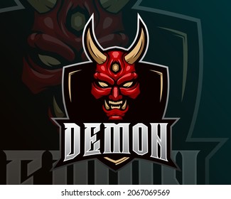 Diseño del logo de Demon con bocina de oro. ilustración del diseño de mascota de mascarilla samurai. diseño emblemático, adecuado para el equipo de apoyo