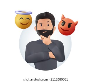 The demon, good and bad, is talking to a worried man. 3D free to edit vector. Do and Don't symbols. Business problem, idea, decision making and solution, job and career path concept, confusing man svg