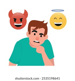 The demon, good and bad, is talking to a worried man. Business problem, idea, decision making and solution, vector illustration.