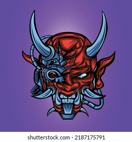 Demon Half Robot Head Illustration