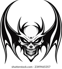 A demon head with bat wings in a vintage style of illustration