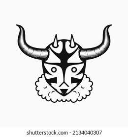 demon head with horns illustration. line art style. black and white. suitable for logo, mascot, symbol, coloring and t-shirt design