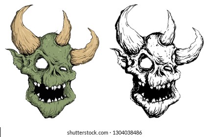 demon head print vector illustration of a monster with scary dead horns