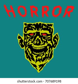 Demon head with torn face. Vector illustration. Scary monster character in blue and yellow colors.