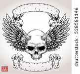 DEMON HEAD WITH WINGS AND BANNER