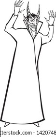 Demon with his hands up. Monochrome vector, isolated, stylized image.