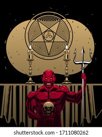Demon holding a skull in his hand. Comic Style print or tattoo art design vector illustration. Satanic star and 666. Temple of lucifer. Trident, Candle and other Symbols of evil.