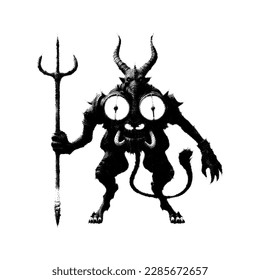 Demon with horns and tail holding a trident. Vector illustration. Pointillism design.