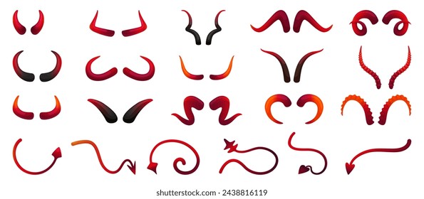 Demon horns and tails. Devils different antlers, isolated satanic symbols. Carnival halloween elements, holiday decorative design, neoteric vector set