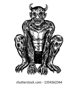 Demon, human like monster creature chimera with fangs horns, and claws. Mystic and occult hand drawn engraved devil vector.