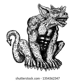 Demon, human like monster creature chimera with fangs horns, and claws. Mystic and occult hand drawn engraved devil vector.