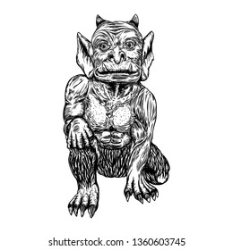Demon, human like monster creature chimera with fangs horns, and claws. Mystic and occult hand drawn engraved devil vector.