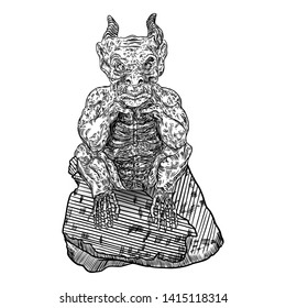 Demon, human like monster creature chimera with fangs horns, and claws. Mystic and occult hand drawn engraved devil vector.