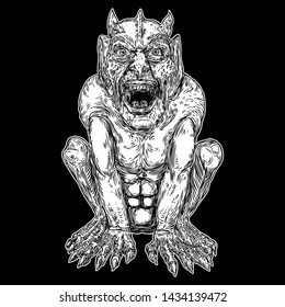 Demon, human like monster creature chimera with fangs horns, and claws. Mystic and occult hand drawn engraved devil vector.