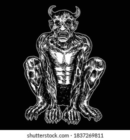 Demon, human like monster creature chimera with fangs horns, and claws. Mystic and occult hand drawn engraved devil vector.