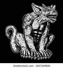 Demon, human like monster creature chimera with fangs horns, and claws. Mystic and occult hand drawn engraved devil vector.