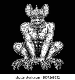 Demon, human like monster creature chimera with fangs horns, and claws. Mystic and occult hand drawn engraved devil vector.