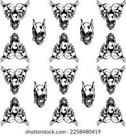 Demon King skulls devils tattoos pattern background art fabric print unique design drawing pen vector