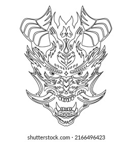 Demon mask coloring page. Hand drawn japanese oni sketch vector illustration