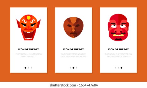 Demon mask flat icon set. Masquerade, spirit, ritual isolated vector sign pack. Holiday and tradition concept. Vector illustration symbol elements for web design and apps