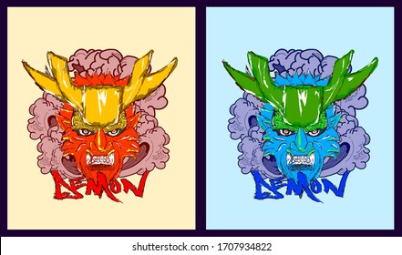 demon mask illustration design for sukajan is mean japan traditional cloth or t-shirt with digital hand drawn Embroidery Men T-shirts Summer Casual Short Sleeve Hip Hop T Shirt Streetwear