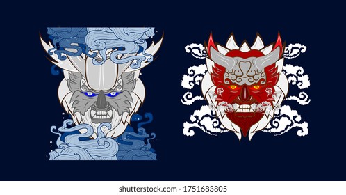 demon mask illustration design for sukajan is mean japan traditional cloth or t-shirt with digital hand drawn Embroidery Men T-shirts Summer Casual Short Sleeve Hip Hop T Shirt Streetwear