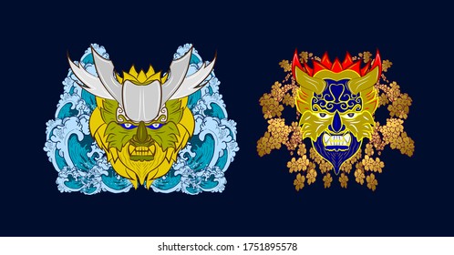 demon mask illustration design for sukajan is mean japan traditional cloth or t-shirt with digital hand drawn Embroidery Men T-shirts Summer Casual Short Sleeve Hip Hop T Shirt Streetwear