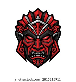 Demon mask illustration featuring sharp angles and red glowing eyes suitable for gaming logos and emblems