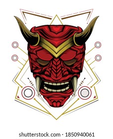 Demon mask illustration with sacred symbol. Japanese design template.