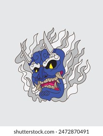 La máscara de demonio oni es el diseño de ilustración de logotipo de demonio medio para sukajan es tela o camiseta tradicional de Japón medio, bordado de los hombres Camisetas de verano casual de manga corta Hip Hop T Shirt Streetwear