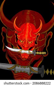 Demon mask with samurai sword artwork illustration